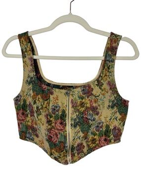 Floral Tapestry Zip-Front Crop Top Vest - Beige Multi Size XS/S